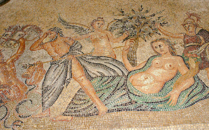 Mosaic depicting mythological scene on the floor of the Palace of the Grand Master, Rhodes, Greece.