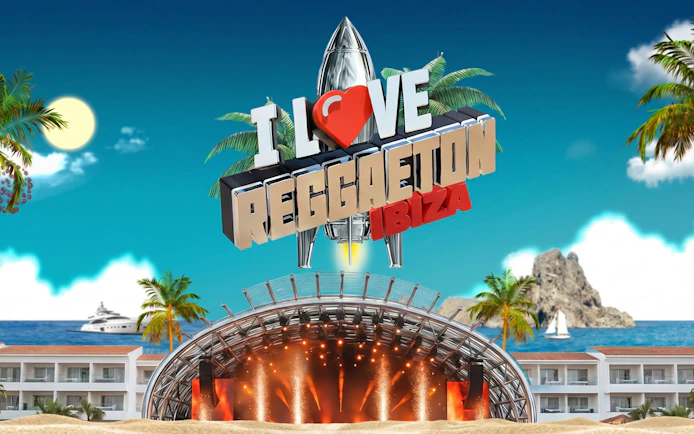 I Love Reggaeton event stage at Ushuaïa Ibiza with palm trees and ocean backdrop.