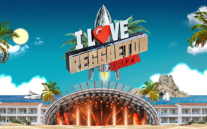 I Love Reggaeton event stage at Ushuaïa Ibiza with palm trees and ocean backdrop.
