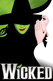 Wicked musical poster with green witch face and New York City skyline.