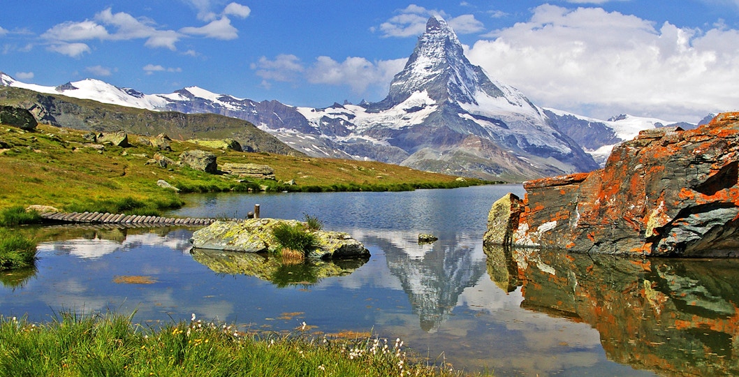 Matterhorn peak reflected in Stellisee Lake in Zermatt, Switzerland.