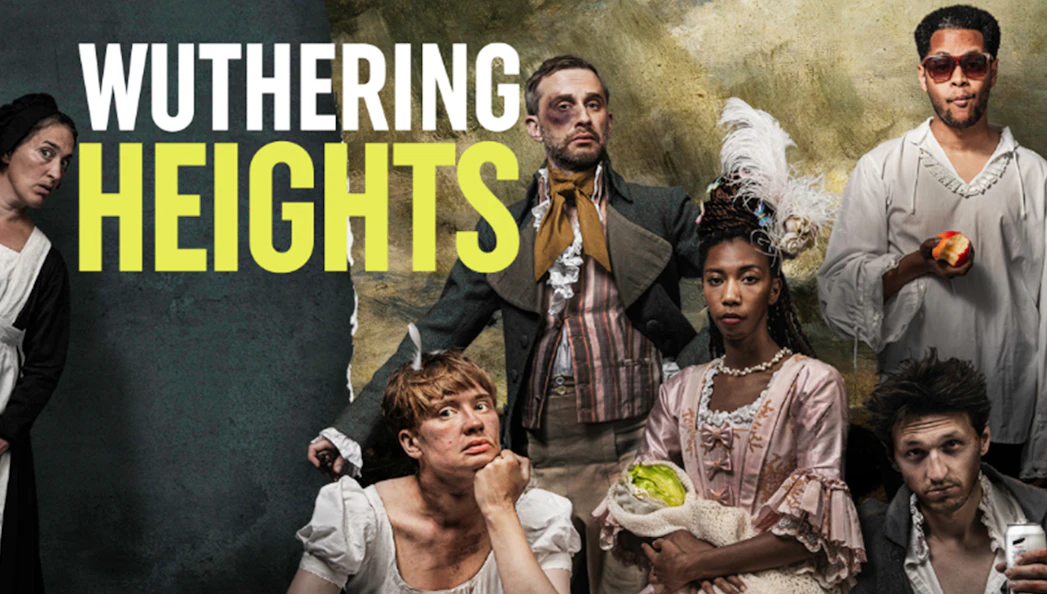 Cast of Wuthering Heights in period costumes with props, promotional image.