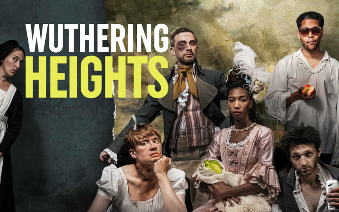 Cast of Wuthering Heights in period costumes with props, promotional image.
