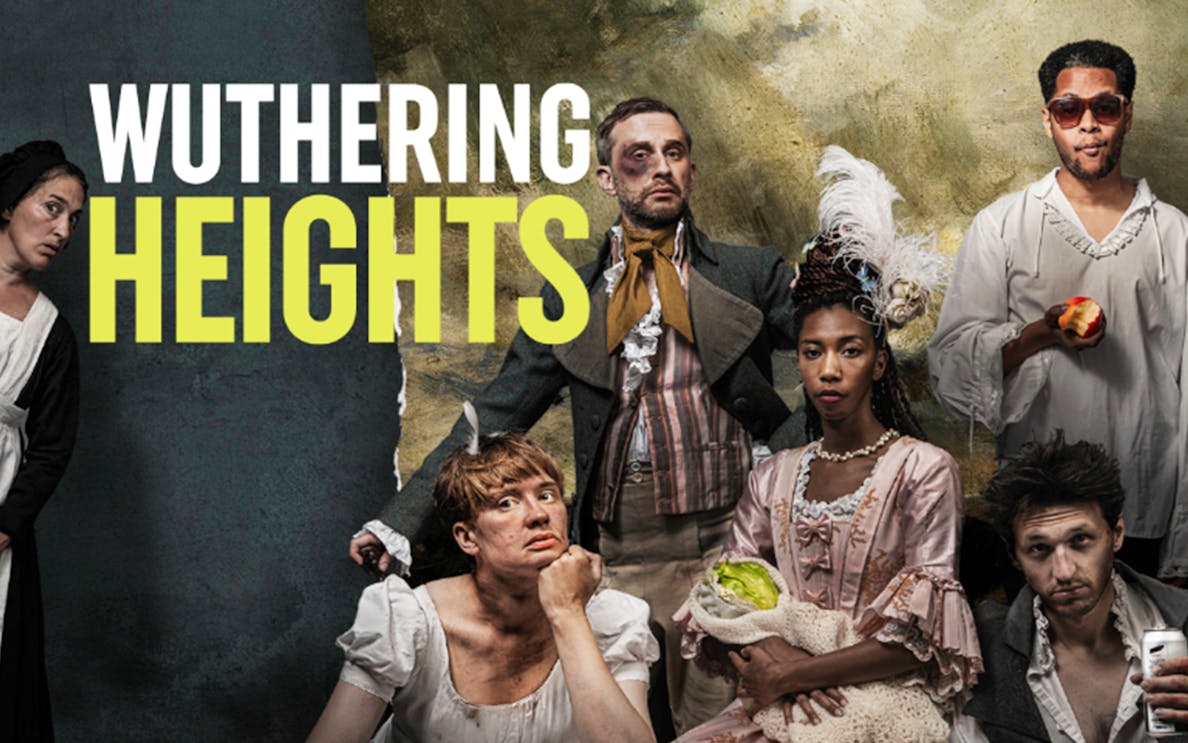 Cast of Wuthering Heights in period costumes with props, promotional image.