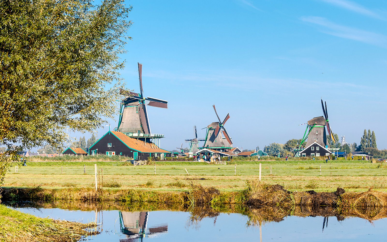 Windmills at Zaanse Schans with a reflection in the water, Netherlands.