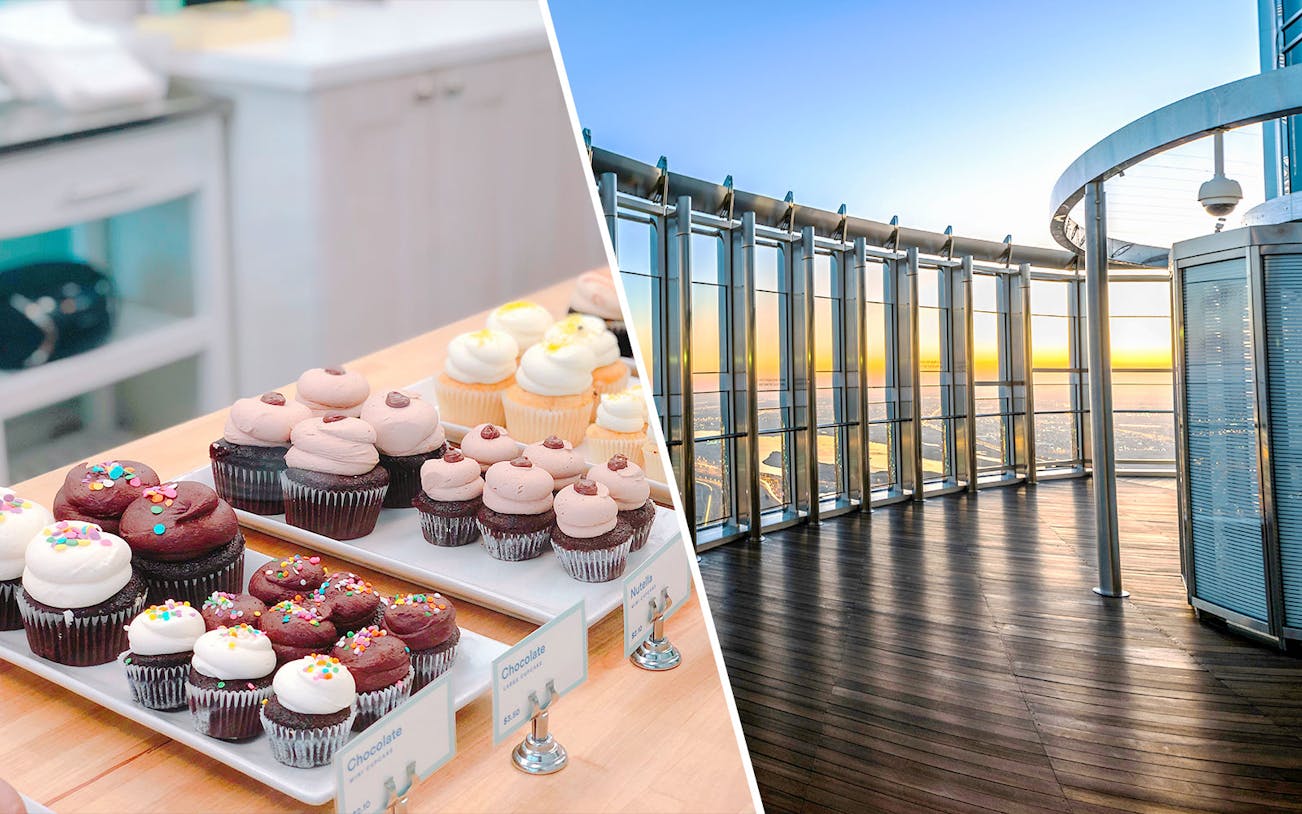 Burj Khalifa Level 124 view with cupcakes on display.