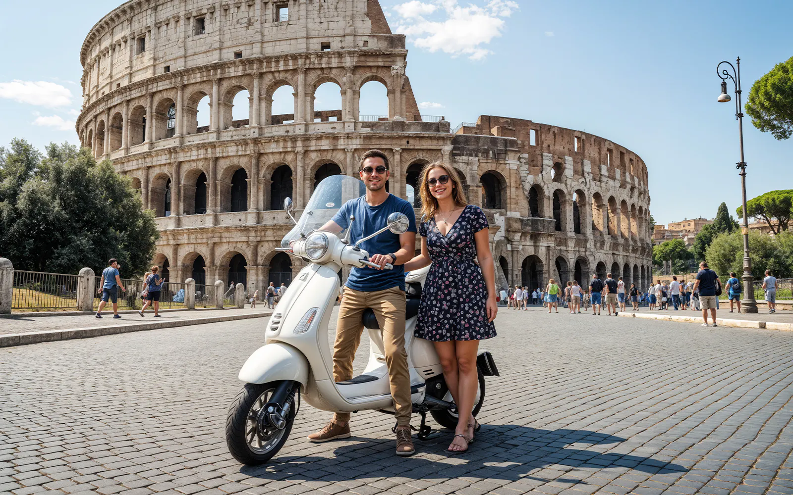 Couple with Vespa in front of the Colosseum, Rome.