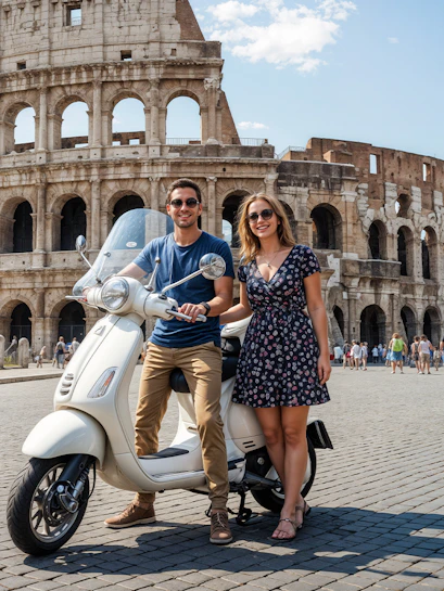 Couple with Vespa in front of the Colosseum, Rome.