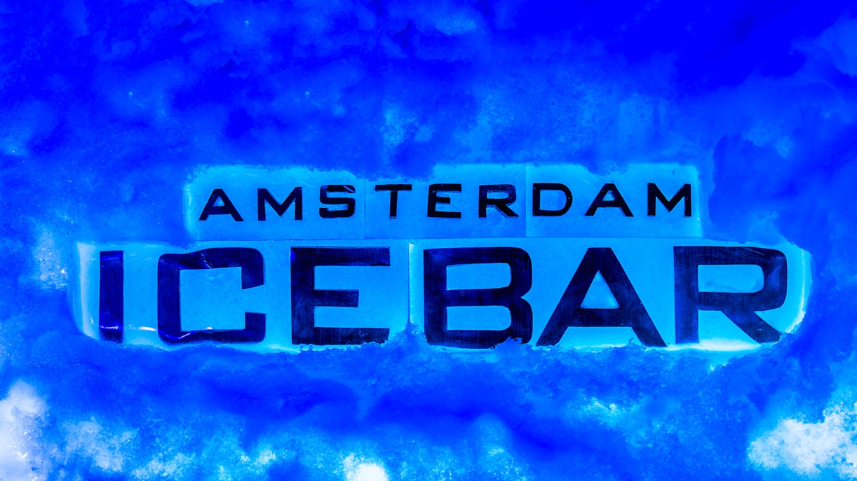 Amsterdam Icebar sign in icy surroundings.
