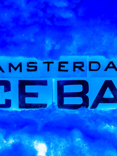 Amsterdam Icebar sign in icy surroundings.