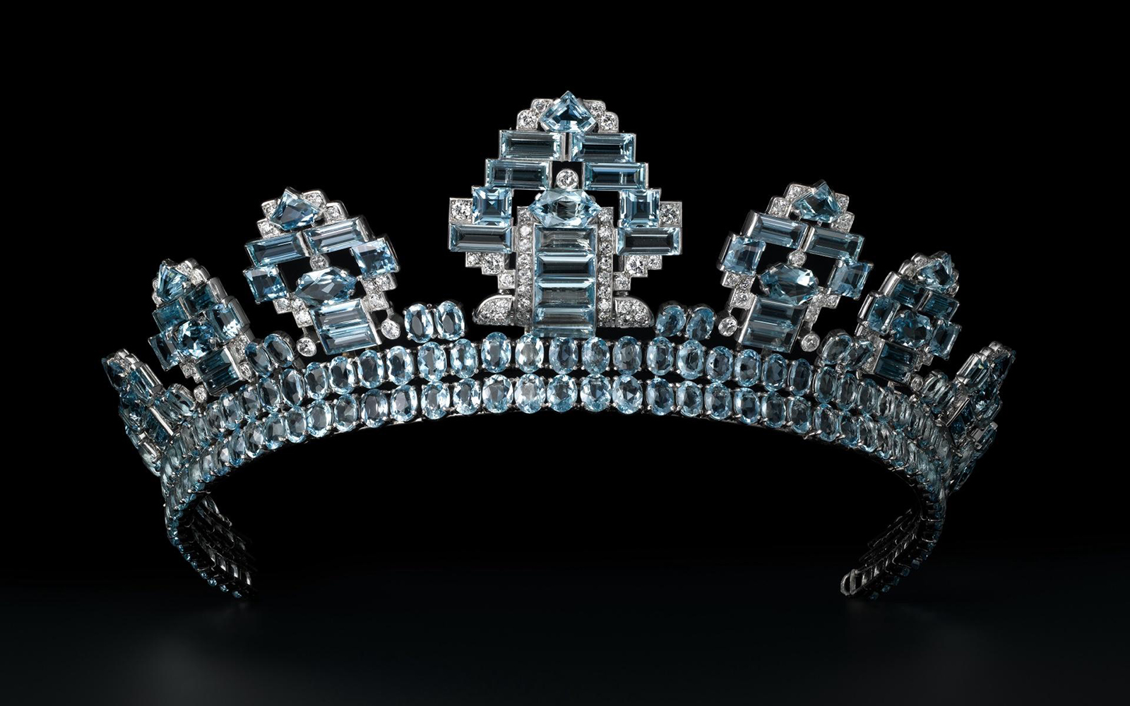 Cartier tiara with blue gemstones at National Gallery of Victoria exhibition in Melbourne.