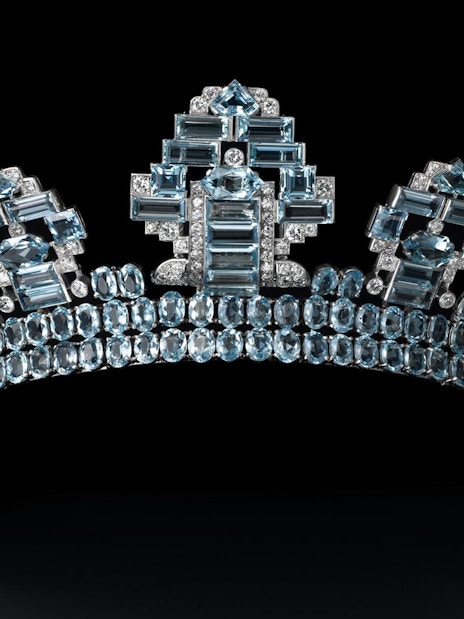 Cartier tiara with blue gemstones at National Gallery of Victoria exhibition in Melbourne.