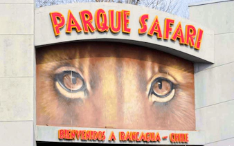 Entrance of Parque Safari with lion mural, Rancagua, Chile.