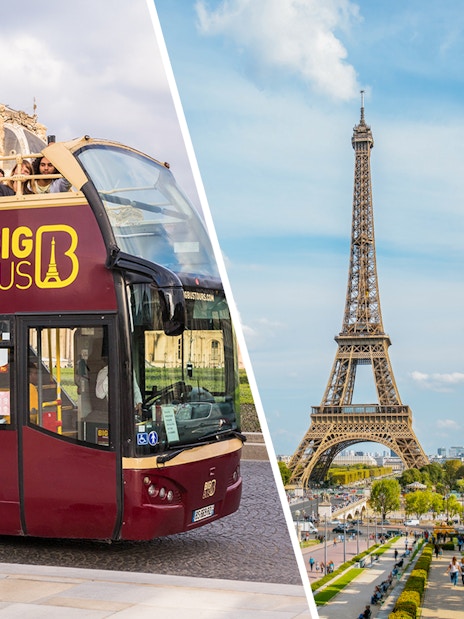 Hop-on hop-off bus near Eiffel Tower, Paris tour with summit access.