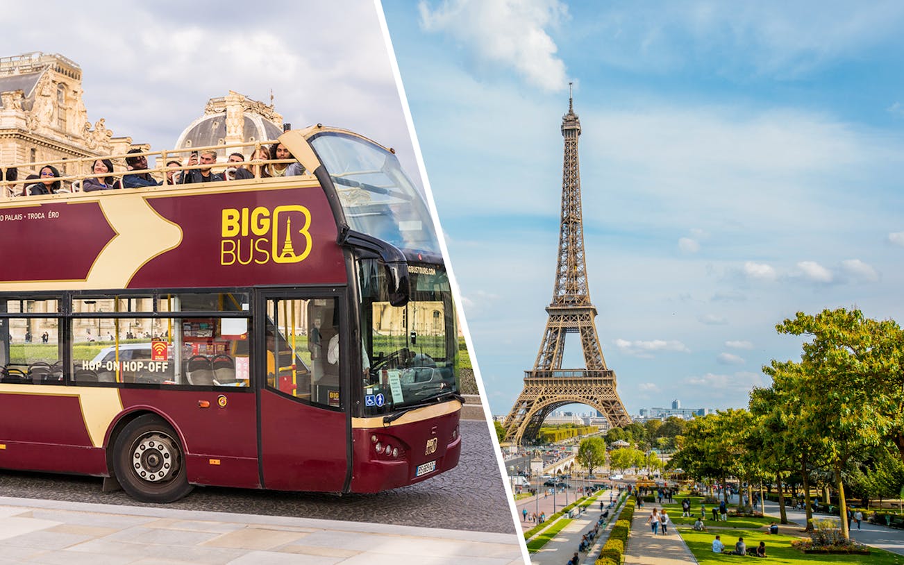 Hop-on hop-off bus near Eiffel Tower, Paris tour with summit access.
