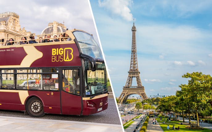 Hop-on hop-off bus near Eiffel Tower, Paris tour with summit access.