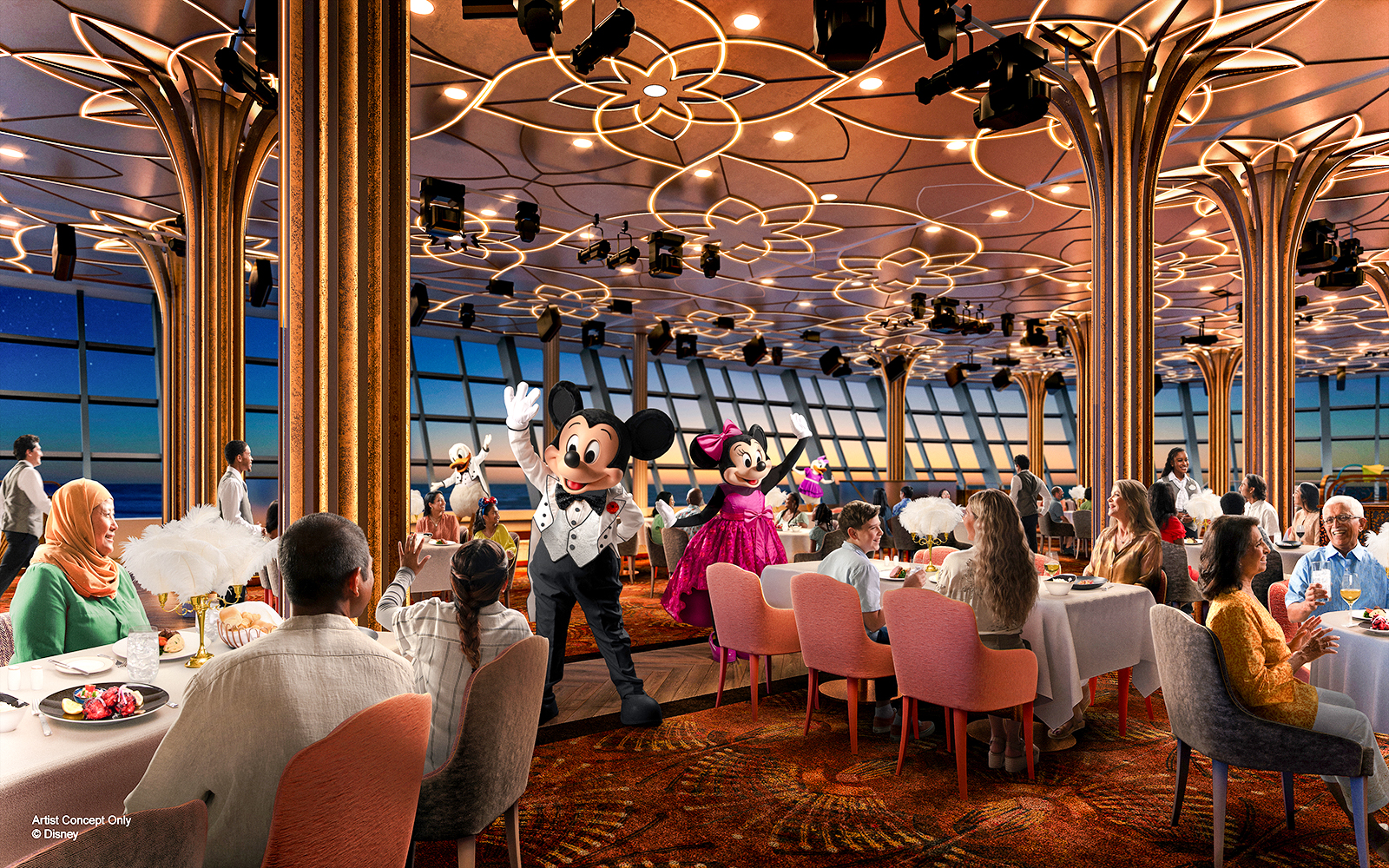 Dining experience with Disney characters on a cruise from Singapore, featuring Mickey and Minnie Mouse.