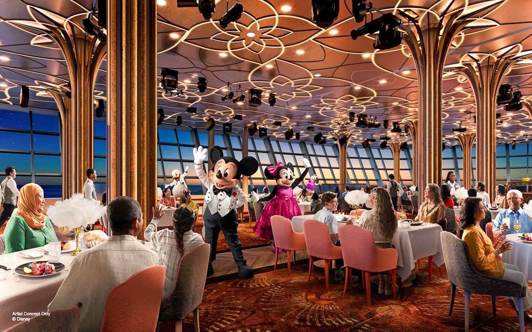Dining experience with Disney characters on a cruise from Singapore, featuring Mickey and Minnie Mouse.