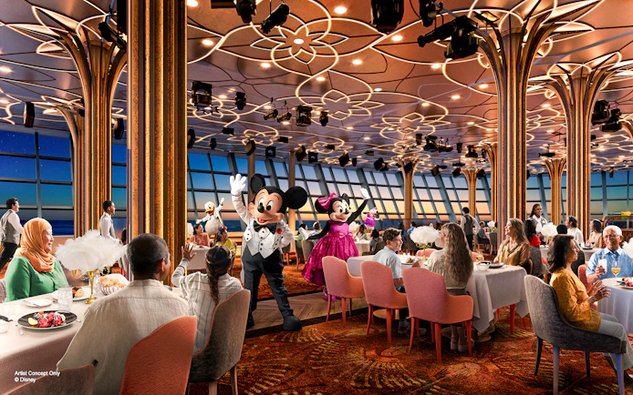 Dining experience with Disney characters on a cruise from Singapore, featuring Mickey and Minnie Mouse.