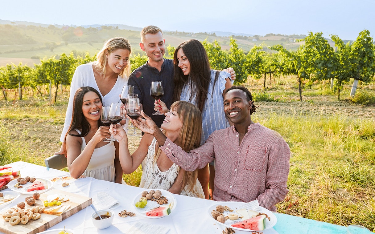 Group enjoying wine and snacks in a vineyard during a Provence day trip.