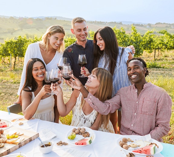 Group enjoying wine and snacks in a vineyard during a Provence day trip.