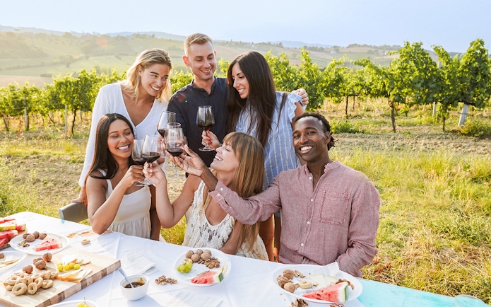 Group enjoying wine and snacks in a vineyard during a Provence day trip.