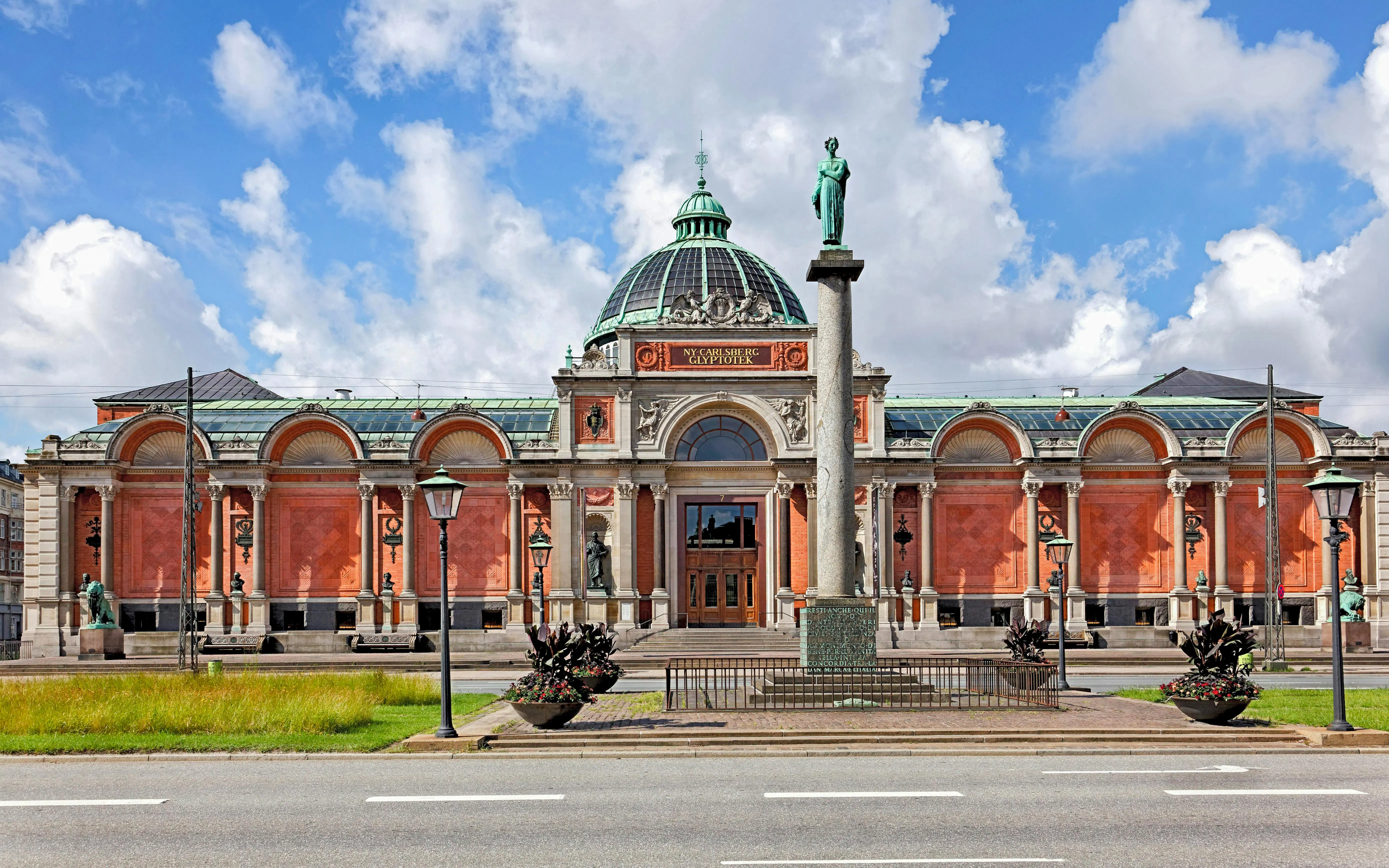 New Carlsberg Glyptotek Museum facade with dome and statues, Copenhagen.