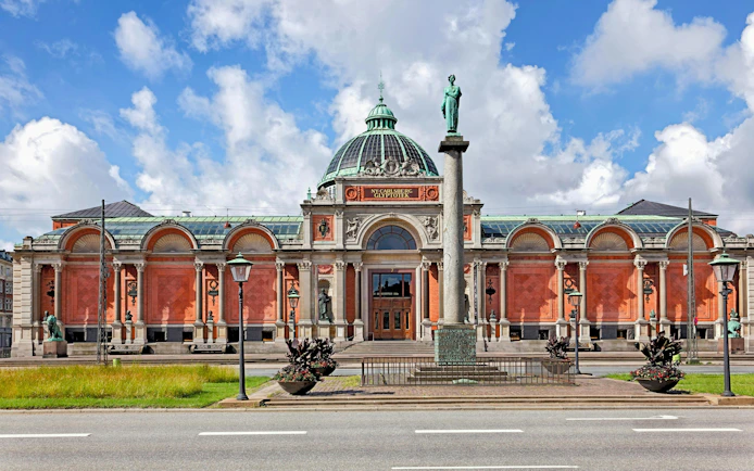 New Carlsberg Glyptotek Museum facade with dome and statues, Copenhagen.