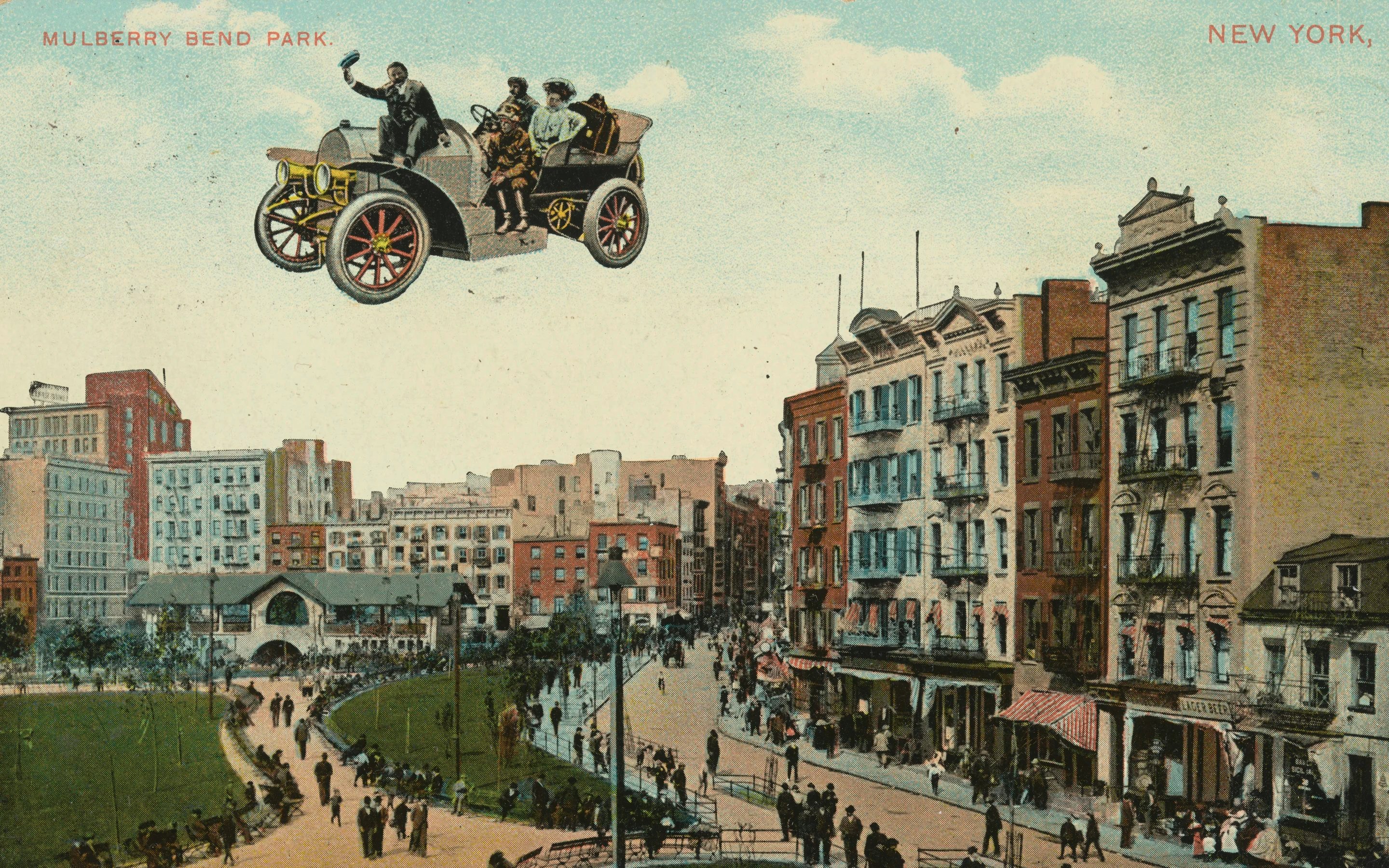 Flying car over Mulberry Bend Park, New York, showcasing historical visual illusion.