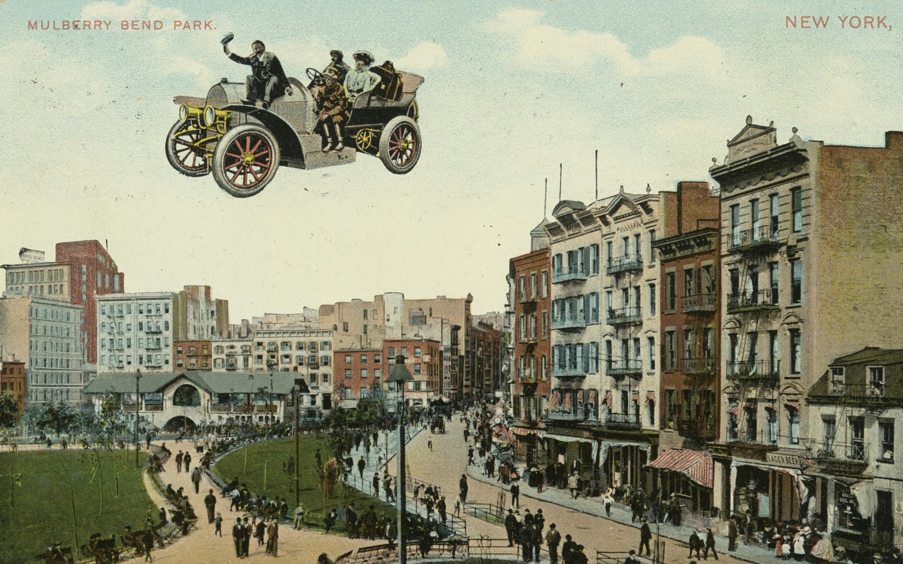 Flying car over Mulberry Bend Park, New York, showcasing historical visual illusion.