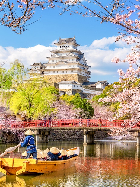Osaka Castle with cherry blossoms and a boat on the moat, skip-the-line tickets available.