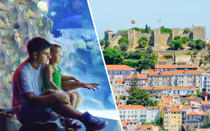 Father and child at Lisbon Oceanarium; view of St. George’s Castle, Lisbon.