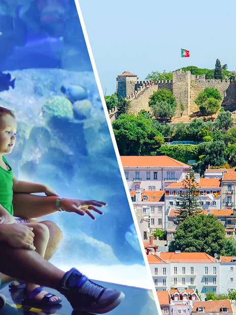Father and child at Lisbon Oceanarium; view of St. George’s Castle, Lisbon.