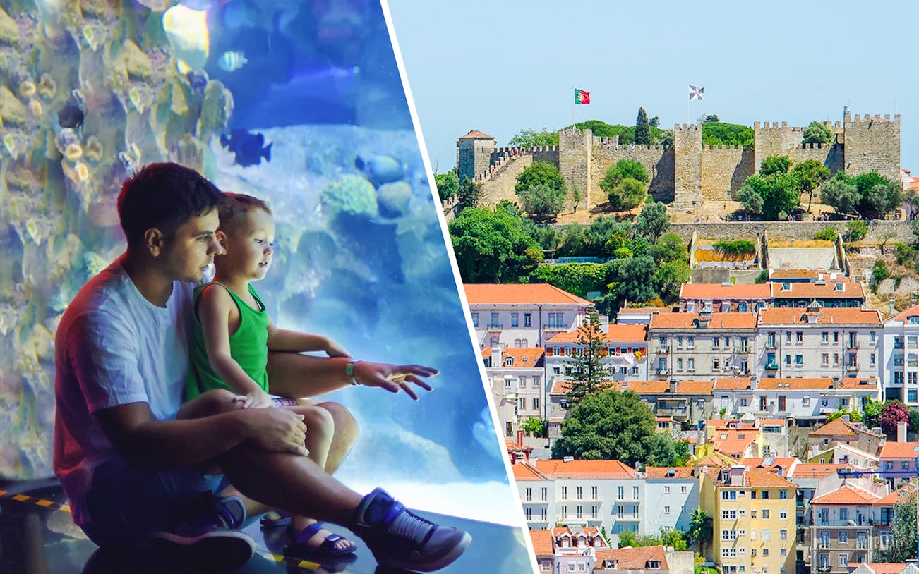 Father and child at Lisbon Oceanarium; view of St. George’s Castle, Lisbon.