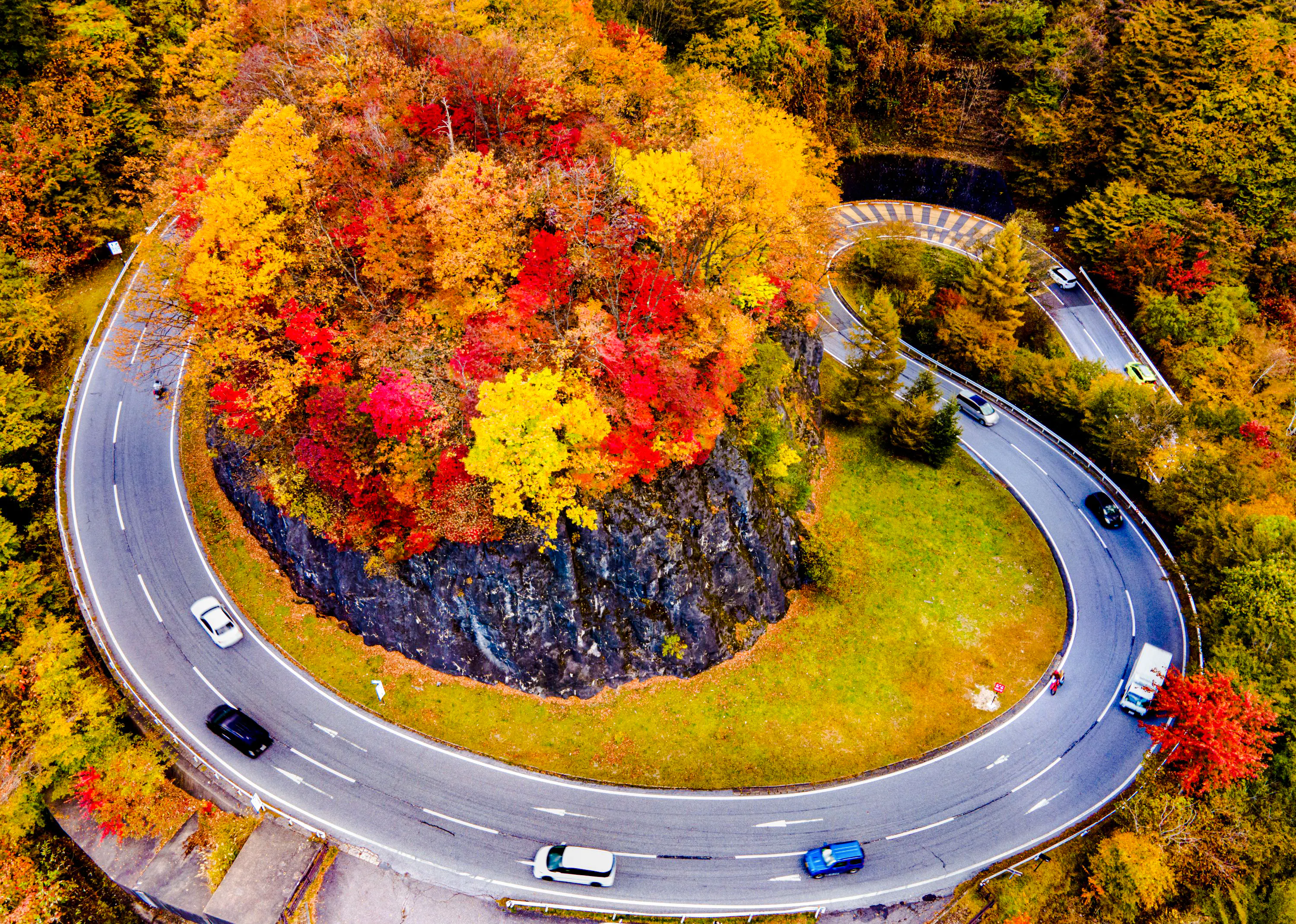 Winding road through vibrant autumn foliage in Nikko, Japan, during a day tour from Tokyo.
