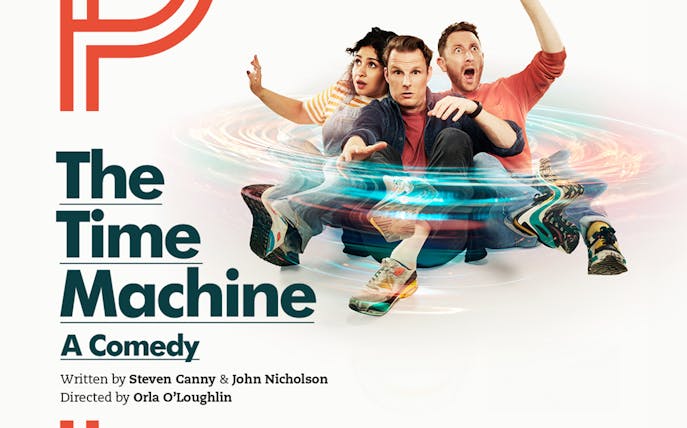 Three people sitting on a swirling time machine, promoting "The Time Machine - A Comedy.