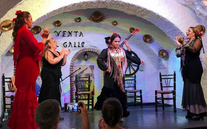 Flamenco dancer performing at Venta el Gallo with musicians and audience.