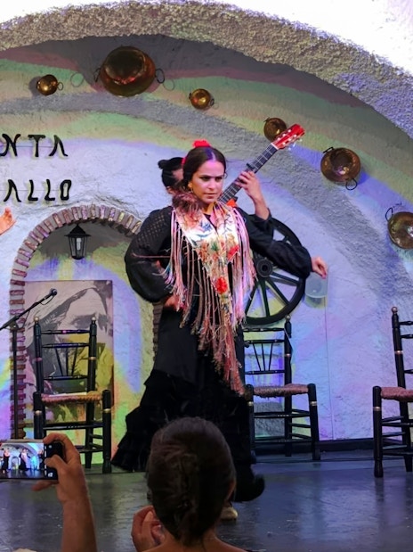 Flamenco dancer performing at Venta el Gallo with musicians and audience.