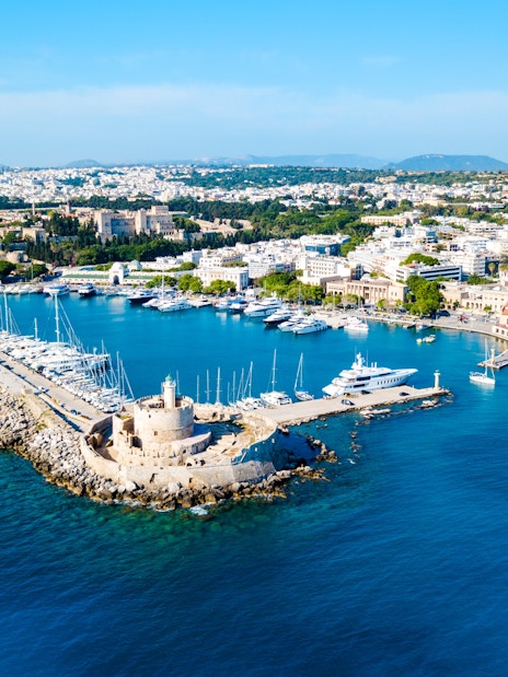 Mandraki Port harbor view with yachts during a Rhodes cruise, Greece.