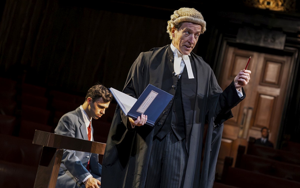 Stage scene from "Witness for the Prosecution" in West End courtroom setting.