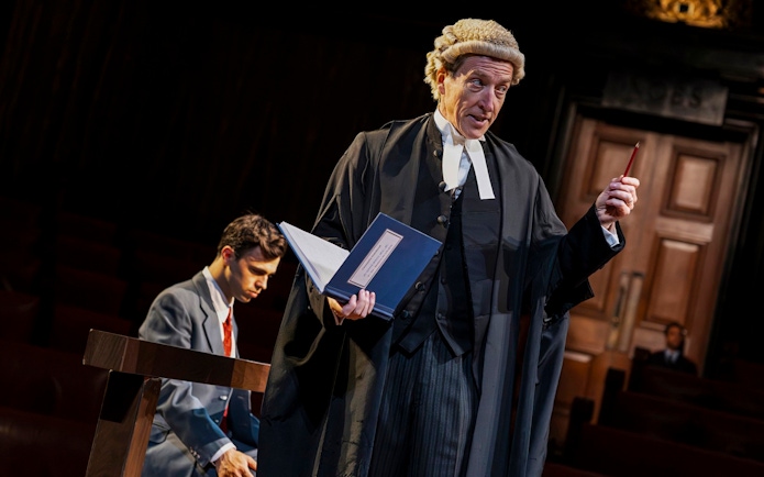 Stage scene from "Witness for the Prosecution" in West End courtroom setting.