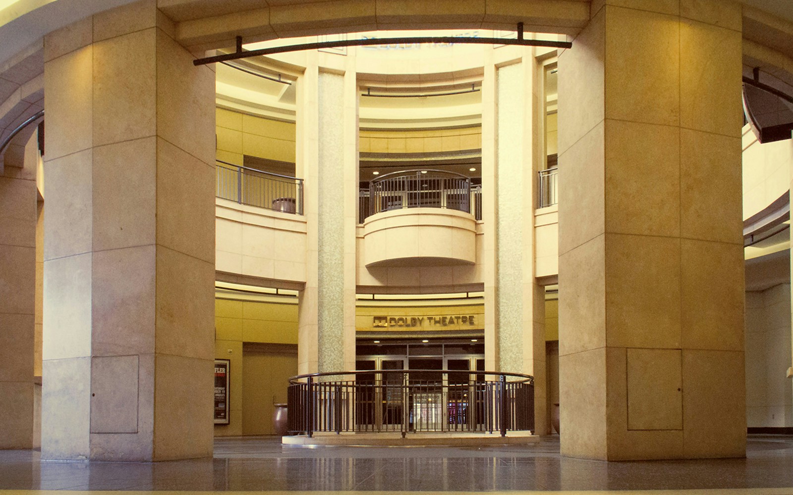 Dolby Theatre entrance in Los Angeles, featuring grand architectural columns.