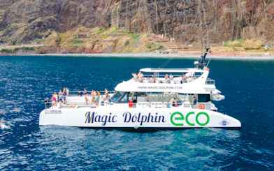 Catamaran tour with passengers near Madeira cliffs.