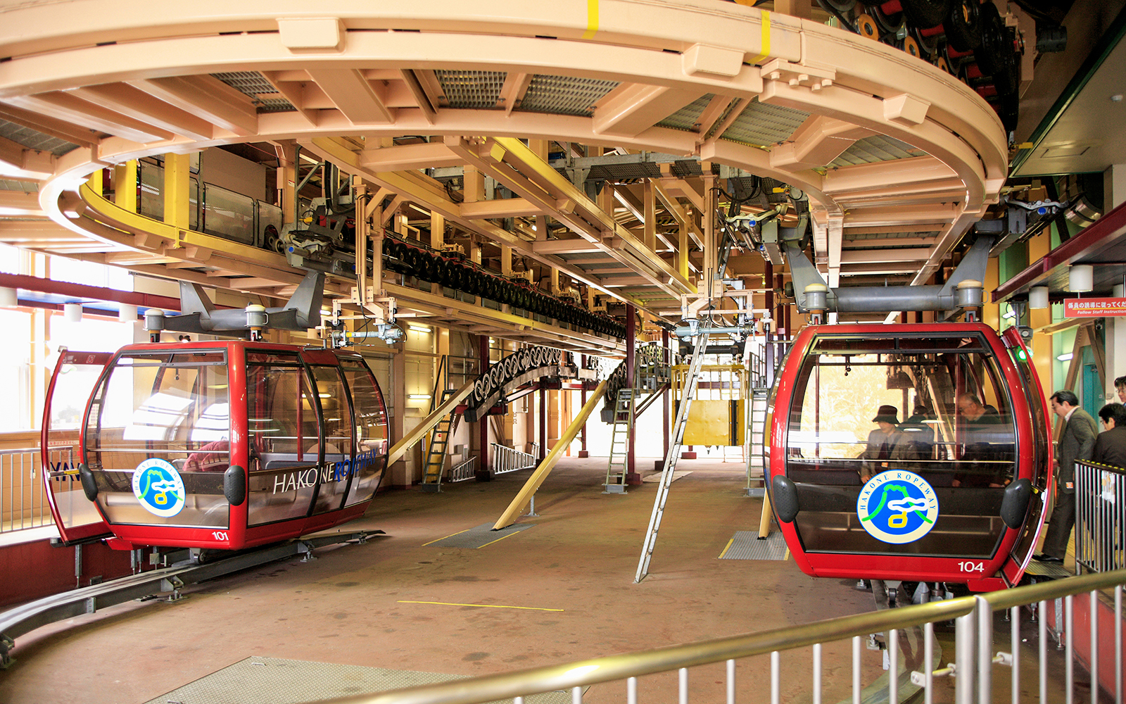 Hakone Ropeway gondolas at station, part of Mt. Fuji, Mt. Komagatake & Lake Ashi tour from Tokyo.