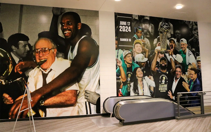 Basketball championship celebration mural at The Sports Museum, Boston.