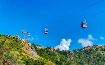 Cable cars ascending to Alanya Castle, surrounded by lush greenery and blue sky.