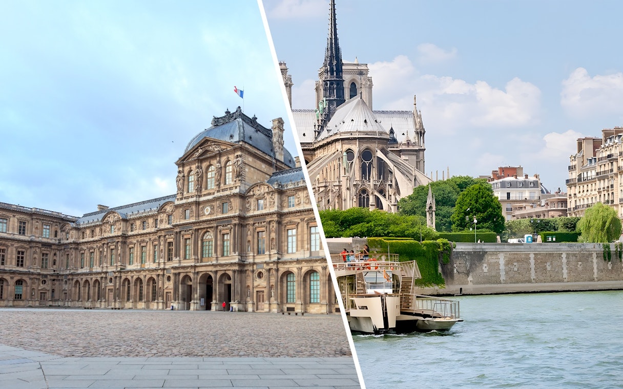 Louvre Museum courtyard and Seine River cruise in Paris, France.