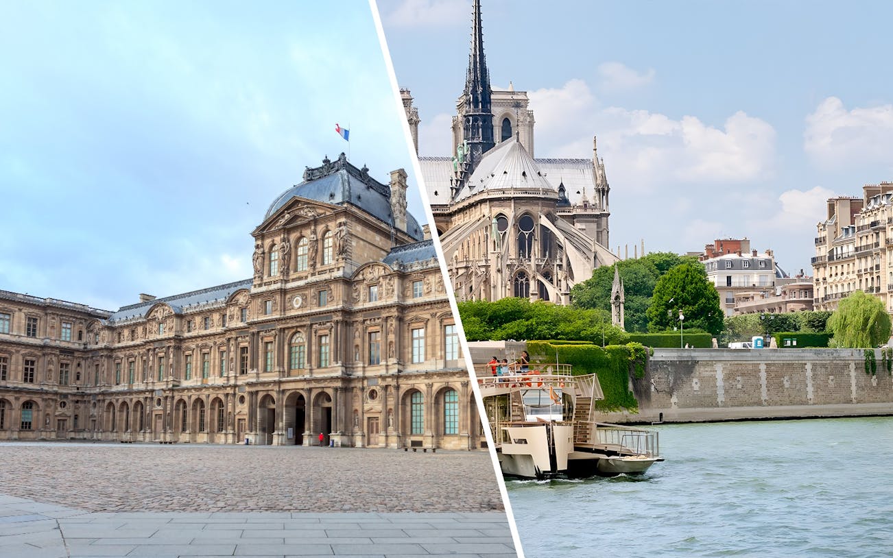 Louvre Museum courtyard and Seine River cruise in Paris, France.
