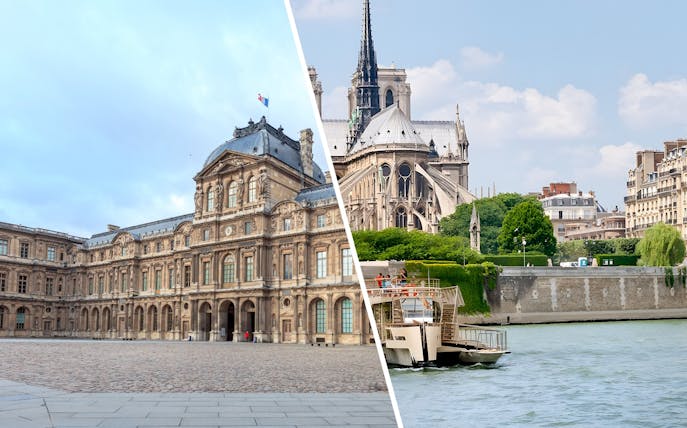 Louvre Museum courtyard and Seine River cruise in Paris, France.