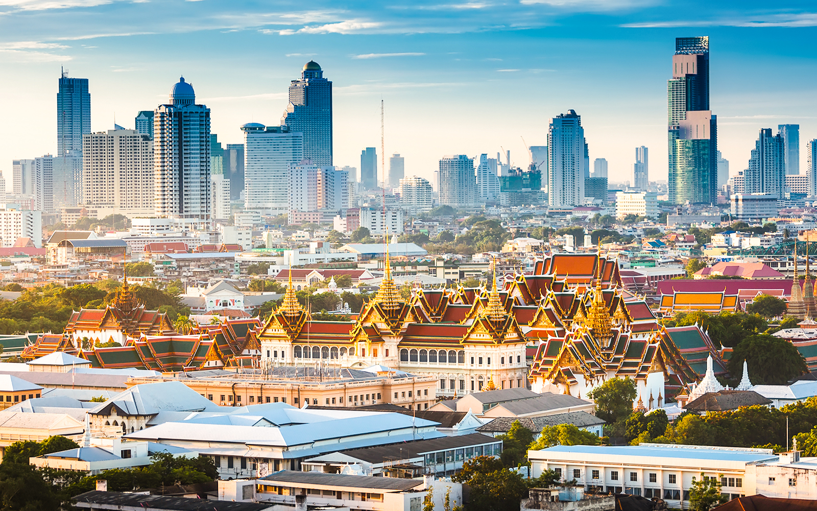 The Bangkok skyline with the Grand Palace in the foreground